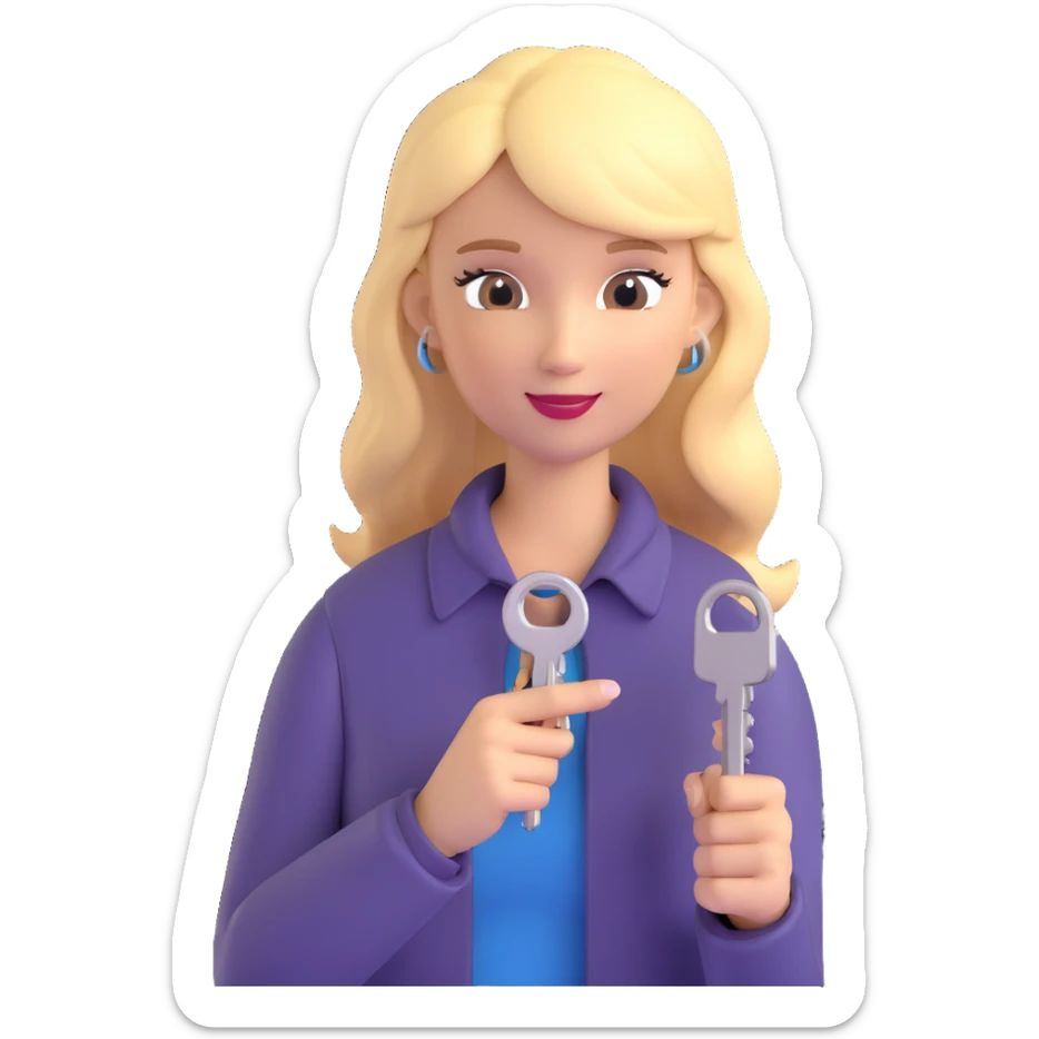 3D emoji style, blonde woman around 40 years old, real estate broker, holding a key sticker
