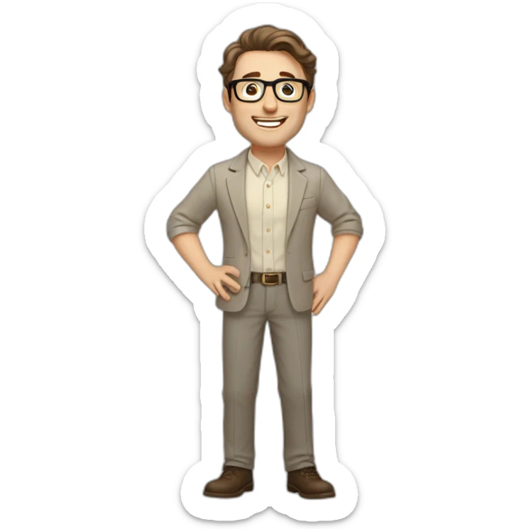 Joyful Pale skinned Fit Man With dark brown hair in gray jacket, beige office shirt, Brown pants and vintage glasses. His thrumbs up sticker