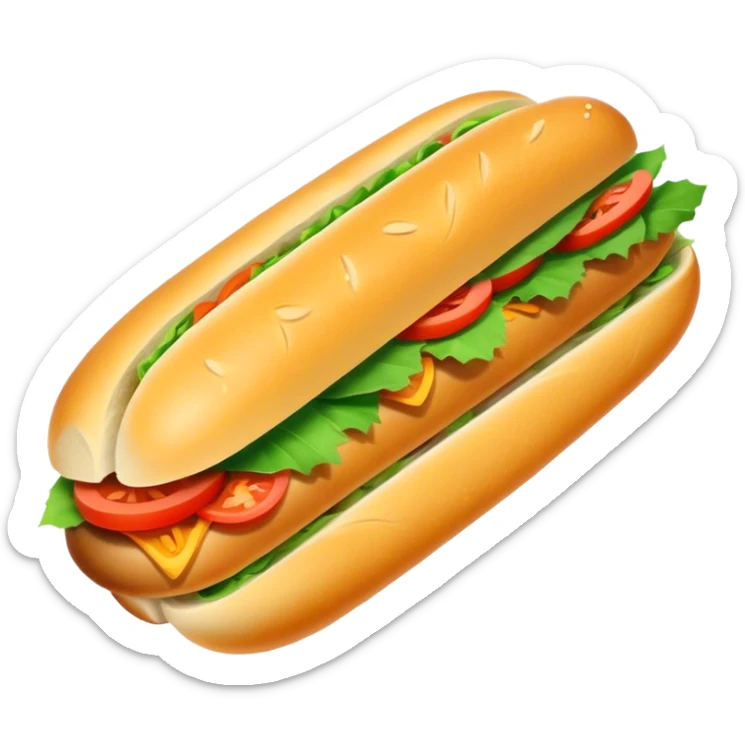 Banh Mi Cinematic Realistic Banh Mi Sandwich Dish Emoji, depicted as a simple, small baguette filled with fresh ingredients, rendered with crisp textures and vibrant, inviting lighting. sticker
