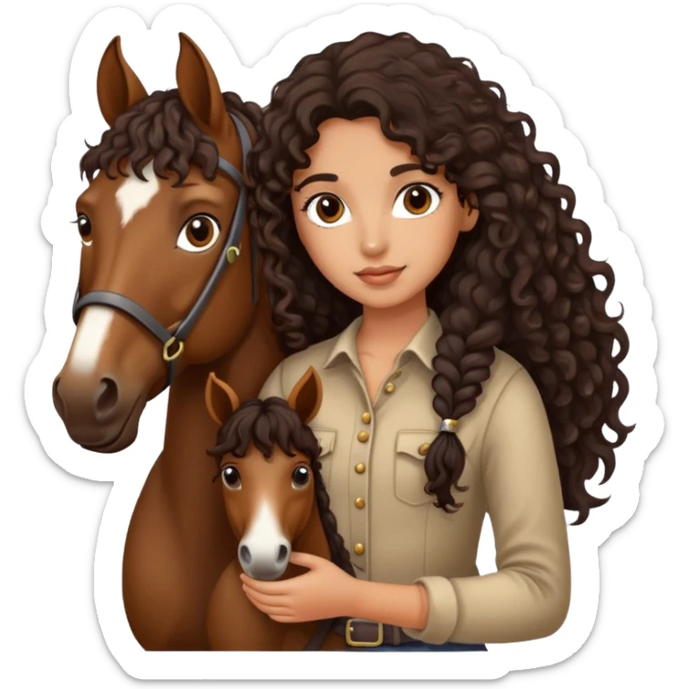 girl with dark brown curly long hair holding horse sticker