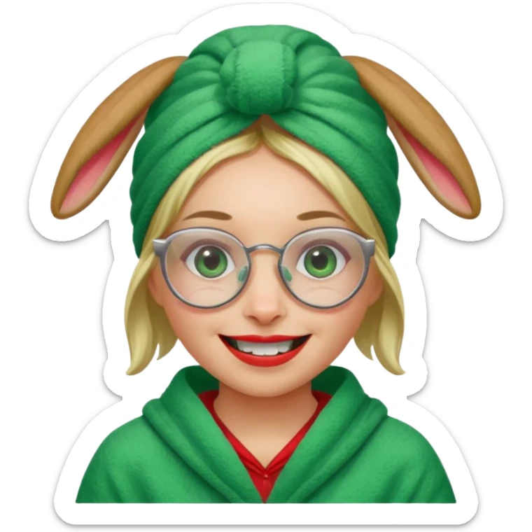A woman who has a big rabbit-like front teeth wearing a green towel in her head with a broken glasses on her face in red pajamas sticker