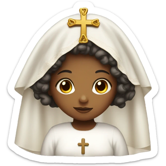 Catholic girl with curly hair and veil over her hair, a cross in the cheast  sticker