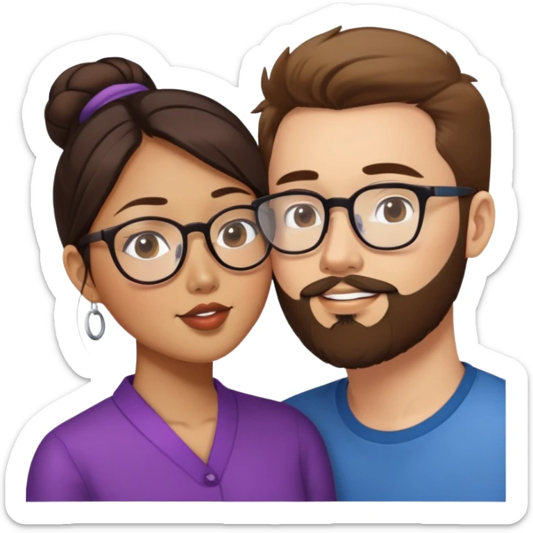 Asian American woman without glasses kissing a white guy with brown hair and the white guy has beard stubble and white guy has glasses and Asian American woman does not have glasses sticker