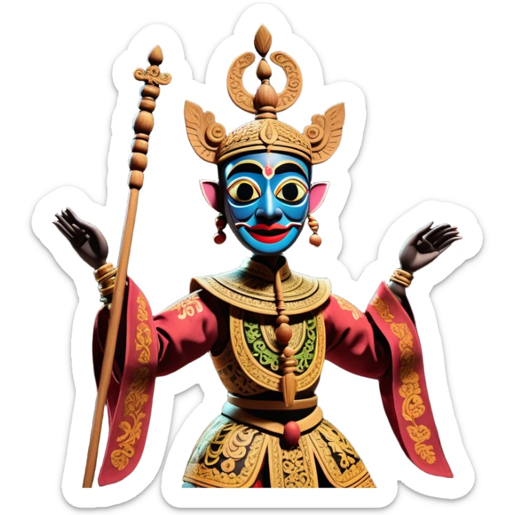 Golek Ayun-ayun – Cinematic Realistic Wayang Golek Ayun-ayun, depicted as an intricately carved traditional wooden puppet with vibrant painted details and expressive features, set on a dimly lit stage with dramatic shadows that evoke centuries of Indonesian theatrical heritage, rendered with lifelike textures and subtle ambient glow. sticker