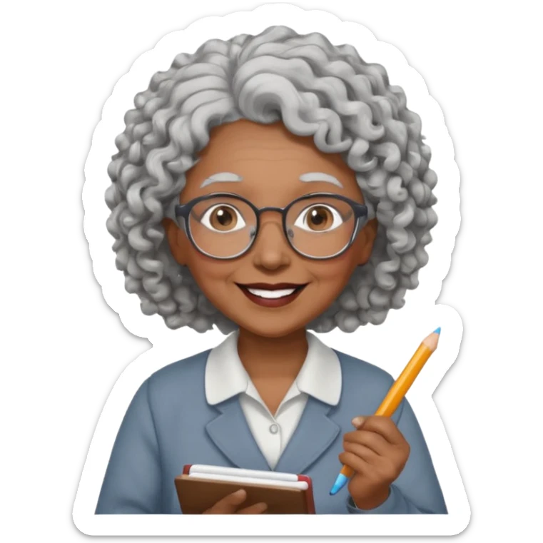 old woman teacher, brown skin, curly grey white hai, wearing glasses, hold chalk on hand sticker