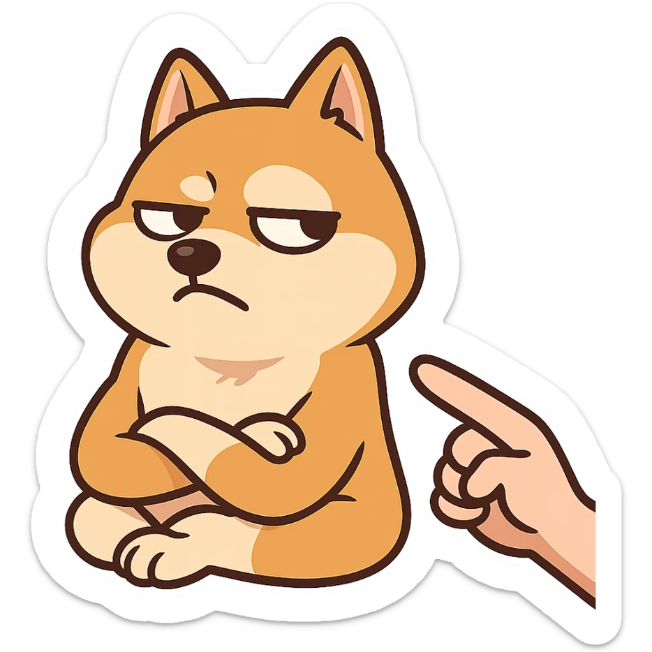 One hand points to the Shiba Inu, the Shiba Inu crosses his hands and turns his head away, but his expression is full of smugness and disdain. sticker