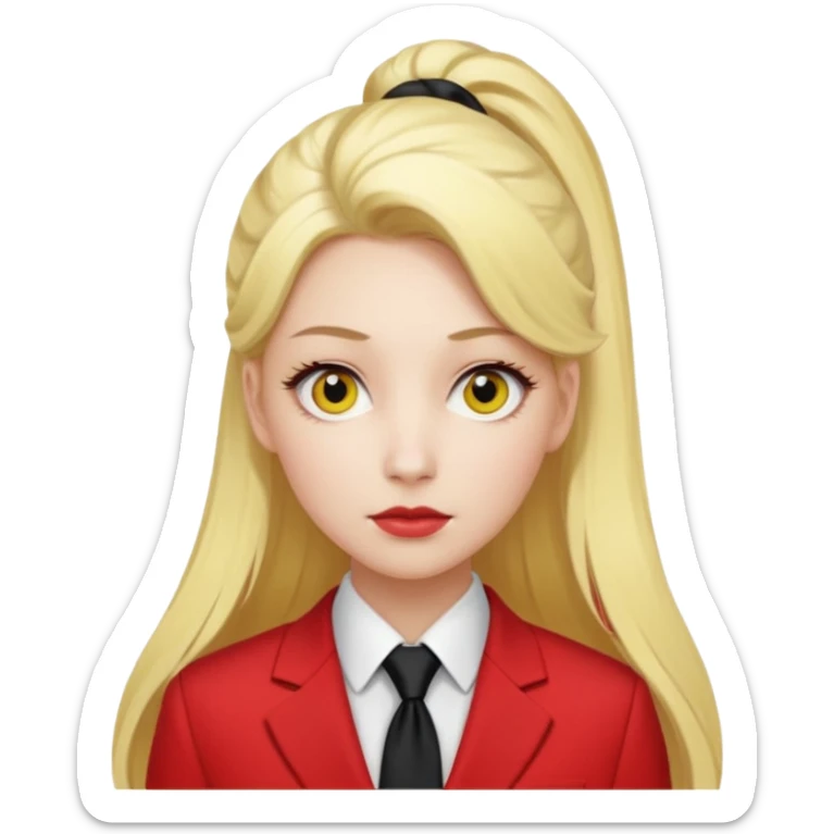 Woman with porcelain white skin, thick blonde hair that's in a thick, long ponytail, has a black tipped nose, yellow scleras, red pupils, and a red suit with a black tie. sticker