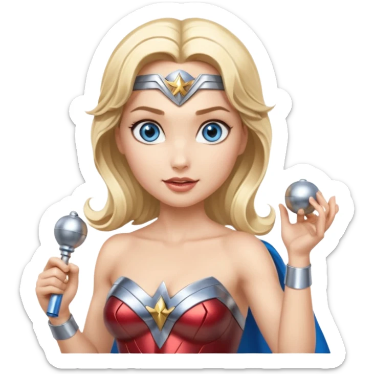 Blonde blue eyes Wonder Woman holding bell and short, skinny white baton sticker