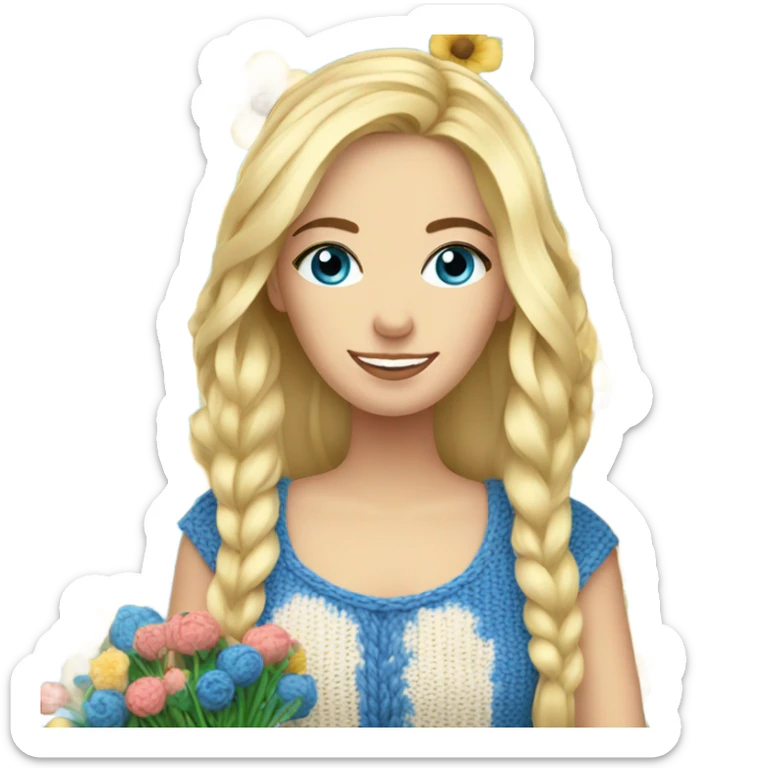 beautiful finnish blonde woman with blue eyes knitting flowers sticker