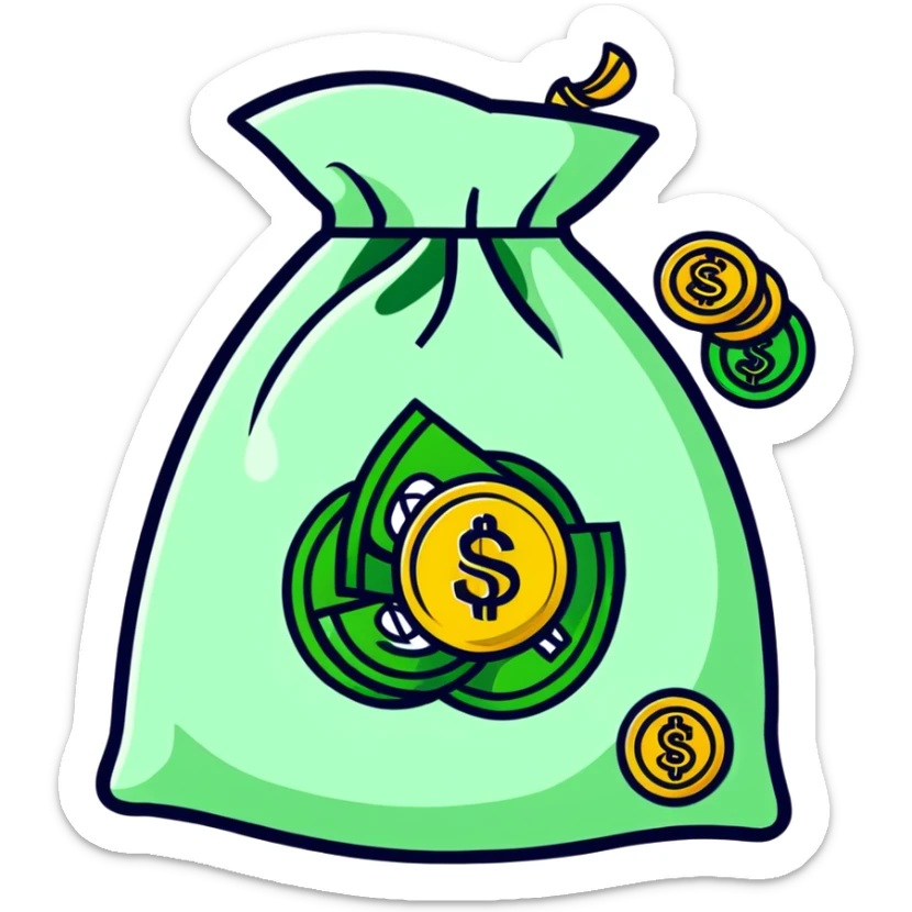 cartoonish sticker of a money bag with gold coins sticker