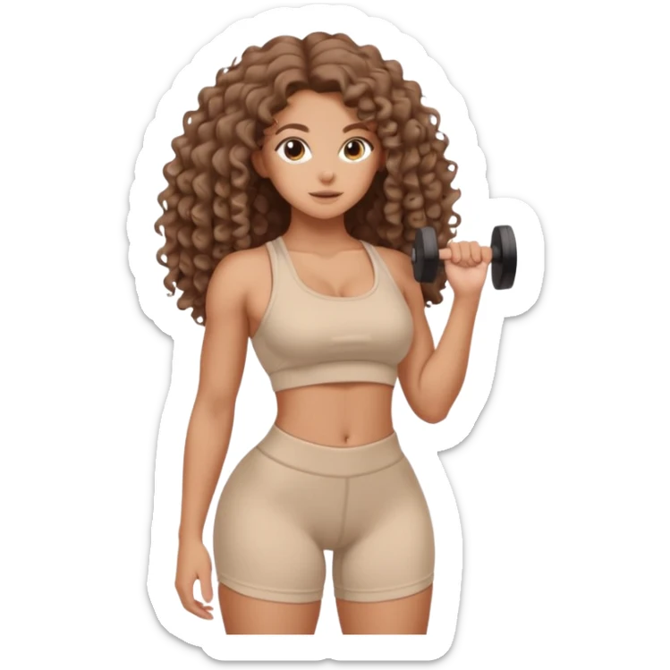 Create dream body girl with big glute and small waist and brown flat no volume curly long hair with pastel beige gym clothes  sticker