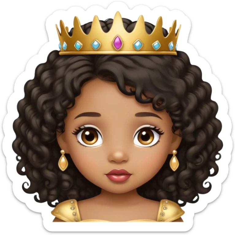 princess, medium brown skin tone, very adorable toddler, with big plump lips, long long lashes, black curly long hair, brown eyes, gold tiara sticker