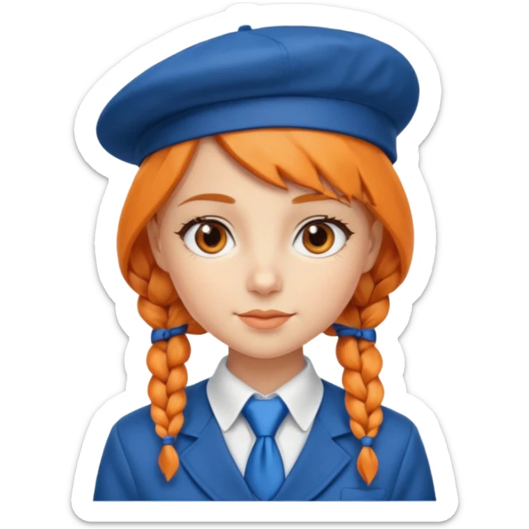 orange braided hair girl, wearing Blue Necktie and a berret Hat sticker