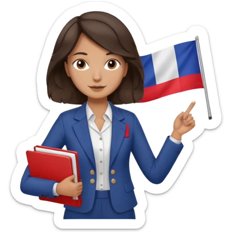 wavy dark brown hair, no glasses, fox dark eyes, with a little file in the hand, being a teacher with a board in the background with a french flag, sticker