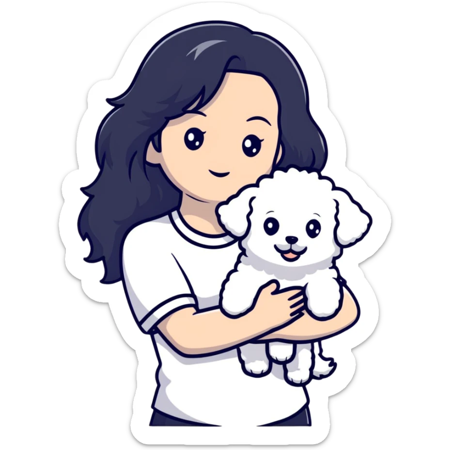 woman with long black hair holding white fluffy Bichon Frise dog sticker