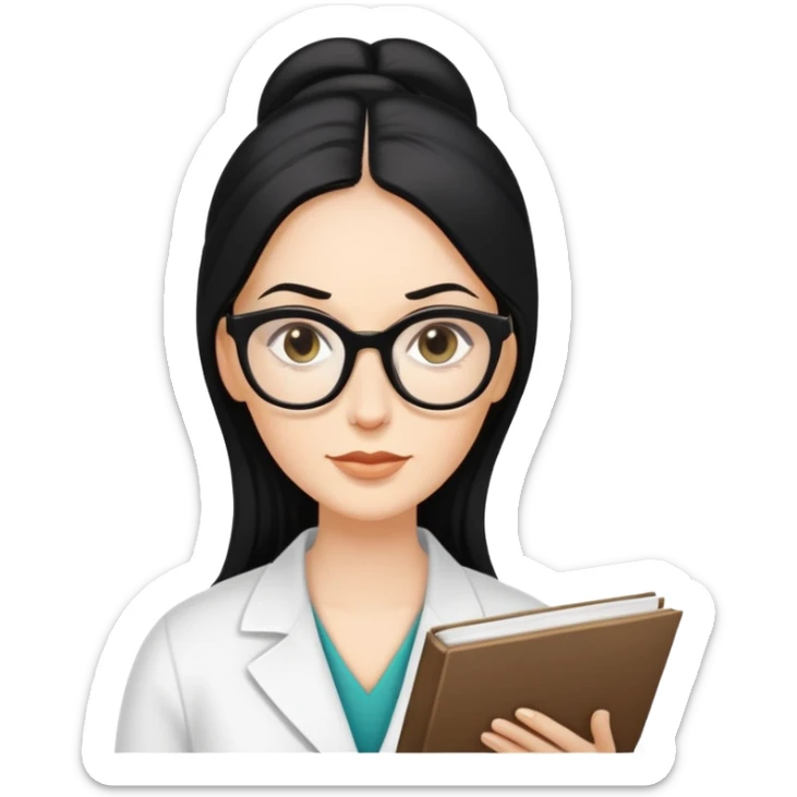 Mujer blanca, cabello negro largo, con lentes negros de lectura , ojos pequeños , nutrióloga  sticker