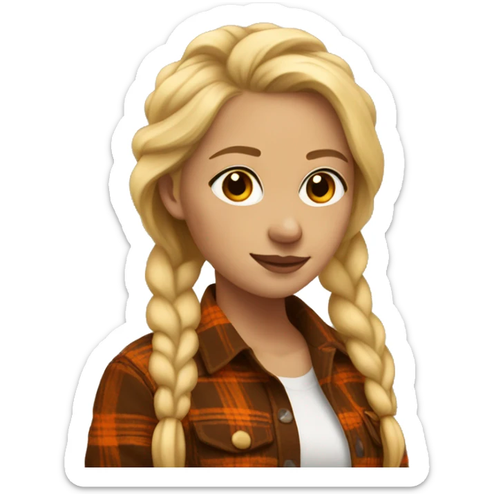 Woman turned around with blonde hair braided wearing a brown and orange flannel sticker