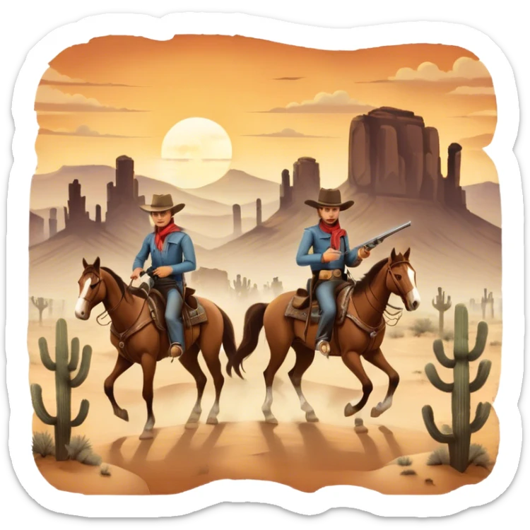 Icon for Western: A vintage movie poster-style design with cowboys on horseback, dusty desert landscape, and a setting sun. Include cowboy hats, revolvers, and an old saloon. The design should have bold typography and a retro cinematic feel. Transparent background. sticker