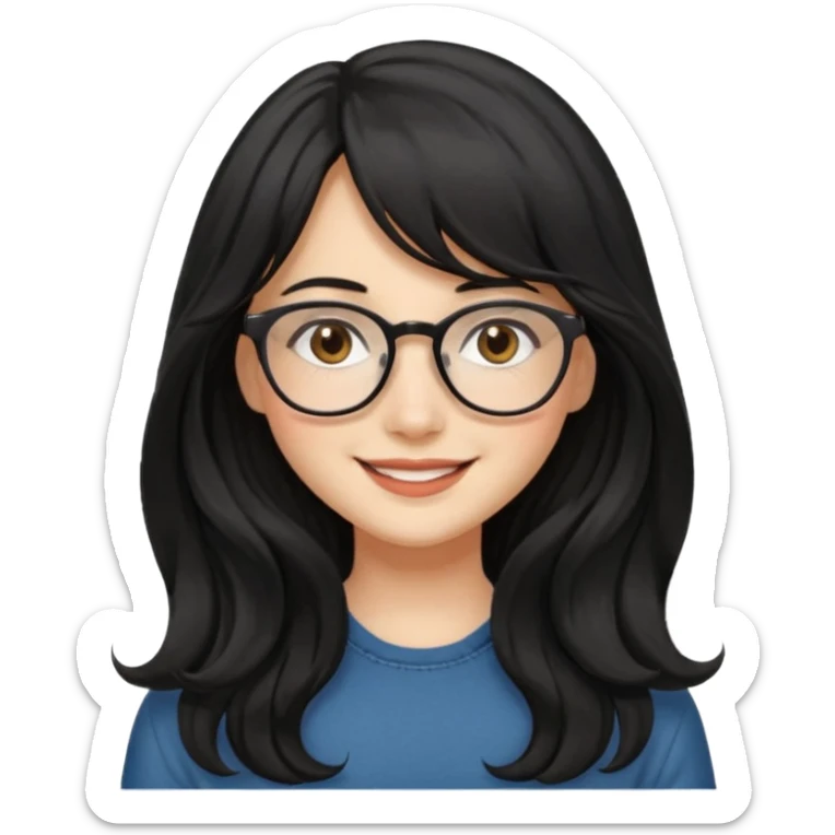 Please generate a portrait of a pretty girl with long, wavy, black hair. She's smiling. She also wears a middle parting and bangs. with glasses sticker