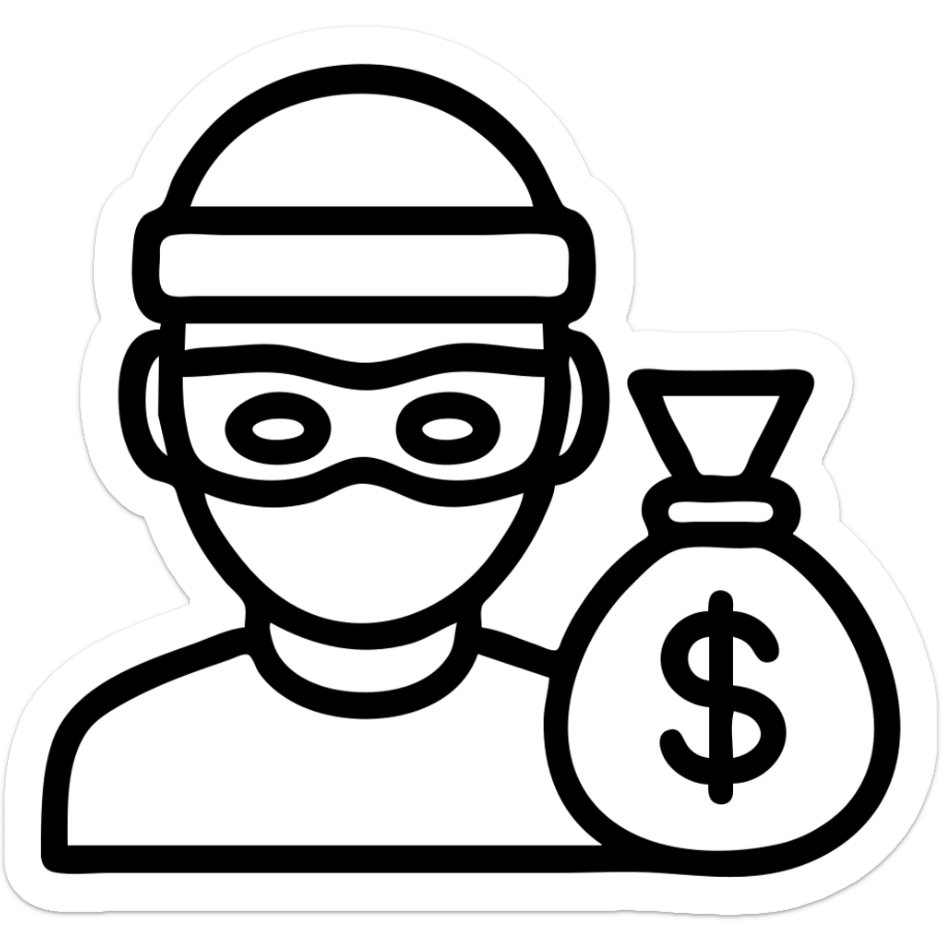 burglar emoji icon, black beanie, eye mask, money bag, flat icon style sticker