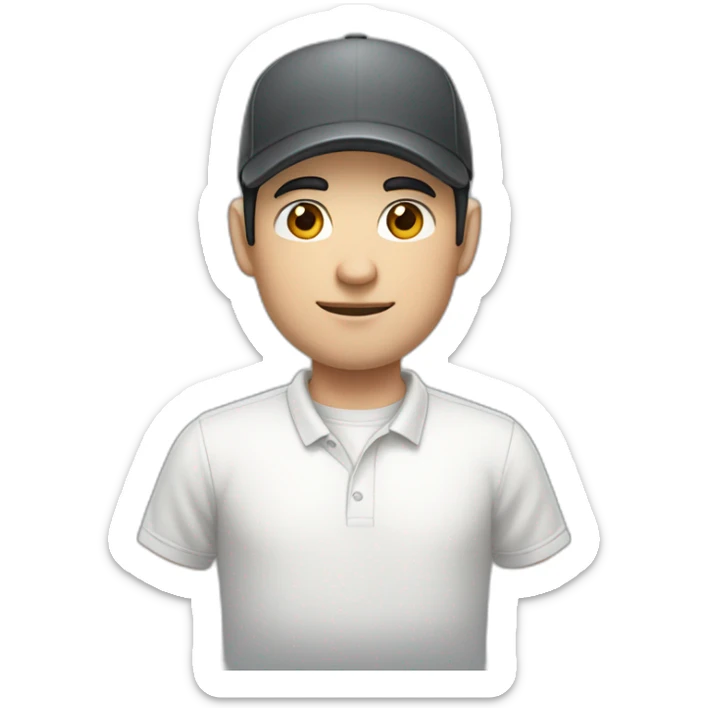 Pale skinned Man with black hair in a white cap and dark gray polo T-shirt with a box into his hands sticker