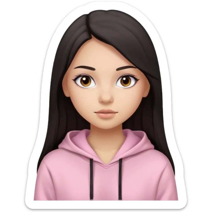 A pretty girl with light skin and long straight black brown hair, wearing a very light pink basic hoodie with brown eyes and makeup and a round face sticker