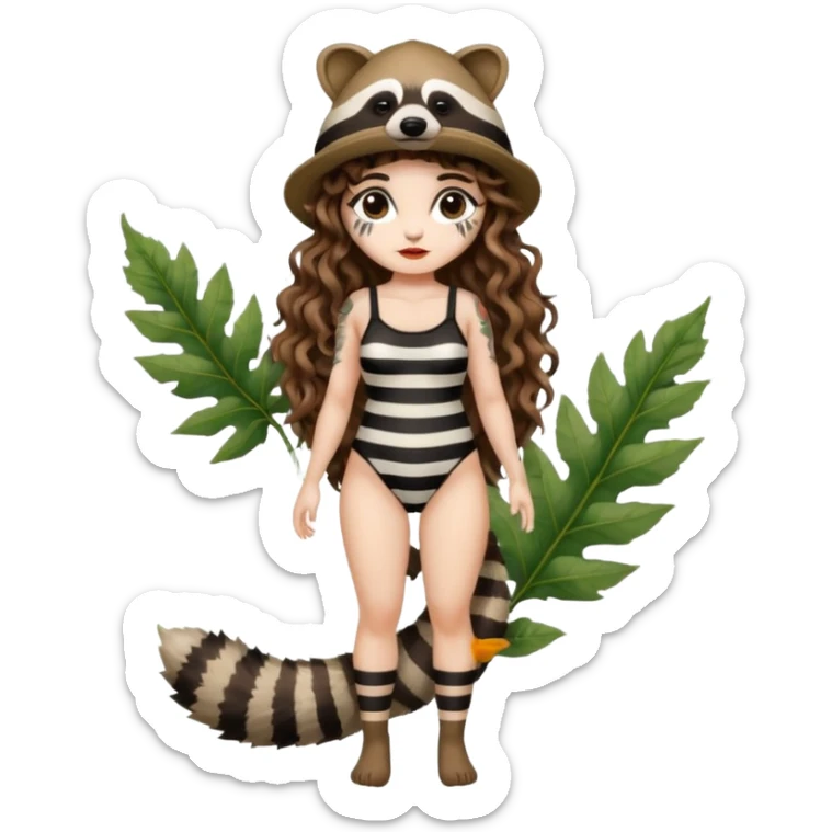 full body woman long curly brown hair brown eyes white skin tattoos wearing raccoon hat and striped leaf bodysuit sticker