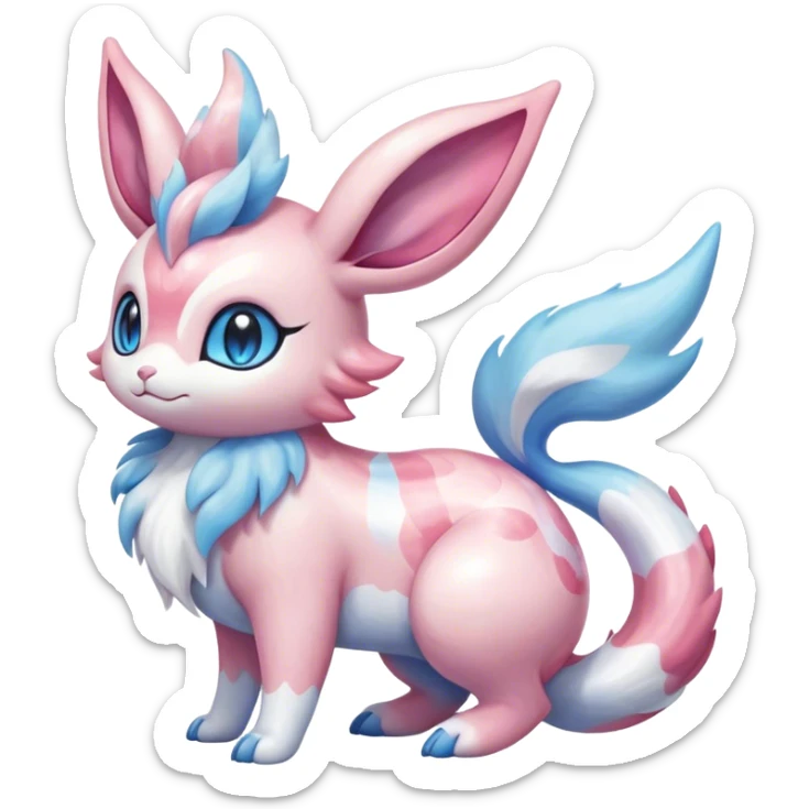 Feral Rare Fantasy cute realistic adorable pastel pink light-blue white iridescent Sylveon-Milotic-Minccino-Espurr-Vernid-hybrid by LiLaiRa, markings, full body sticker