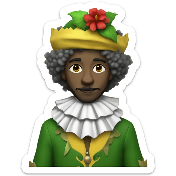 White Person with a half black and yellow jester hat with a red flower ball wearing a half black and yellow jester outfit with a white and grey collar with green eyes and brown fluffy hair sticker