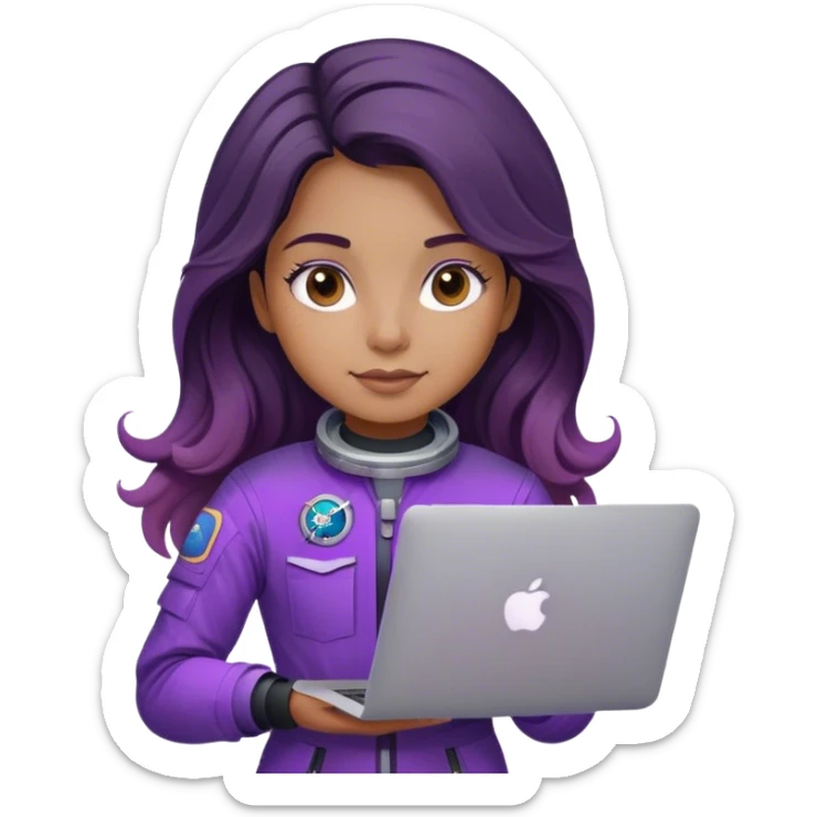 girl astronaut with purple suit, long ombre black/brown wavy hair and one macbook sticker