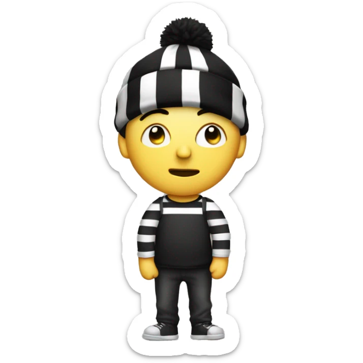 a person with black eye mask, a black beanie, white and black striped shirt with a money bag over his shoulder sticker