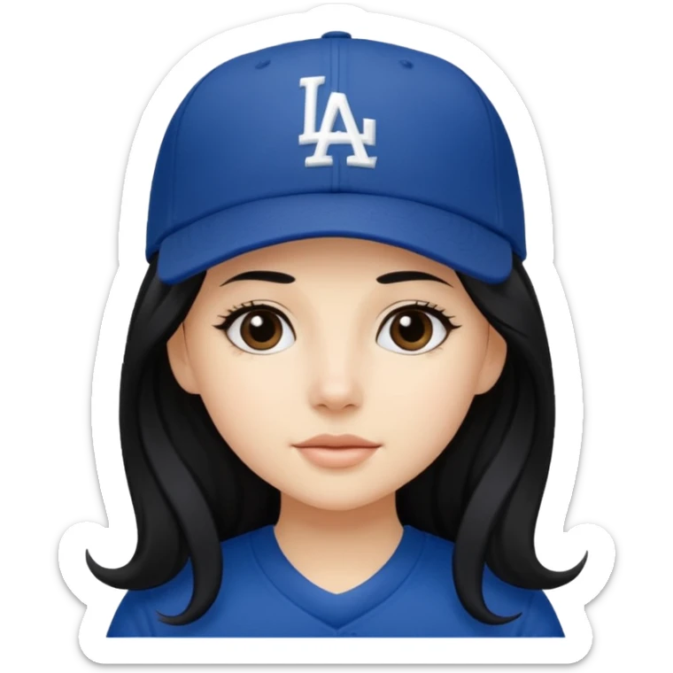 Can you make an emoji of a girl with fair skin with black long hair wearing an LA dodger hat. Only include her head not body  sticker
