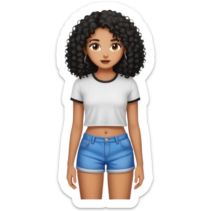 Garota emoji morena, cabelos longos cacheados pretos, short curto e top sticker
