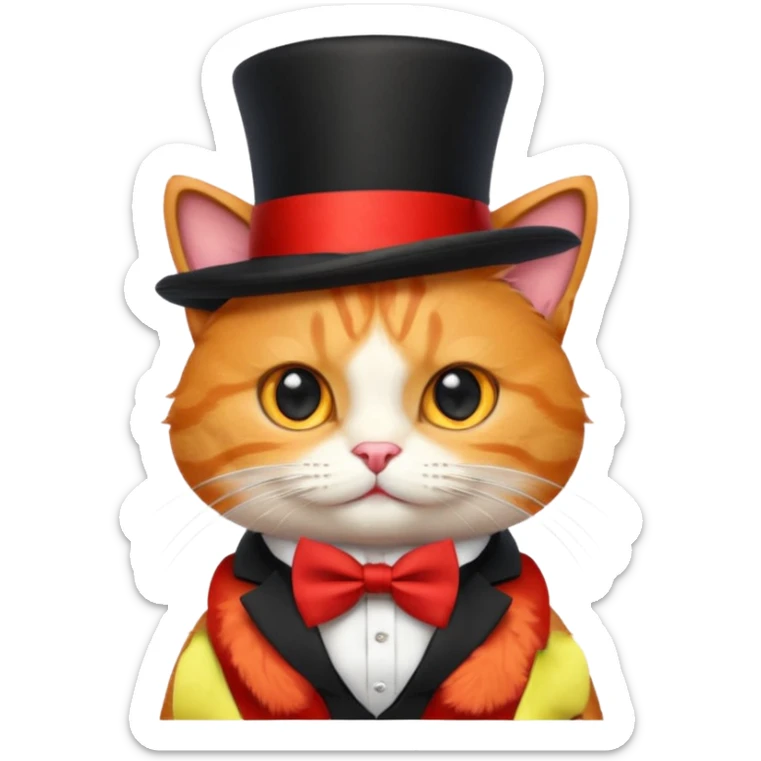 Cute emoji-style orange tabby cat wearing a black top hat with a red band and a red bow tie, big round eyes, fluffy fur, clean mascot style, centered, transparent background, 1:1 ratio. sticker