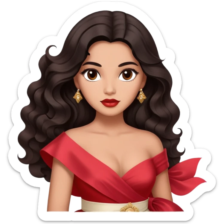 A woman with canela-toned skin, dark voluminous hair in waves, expressive eyes with soft lashes and shimmer, full lips with a glossy nude-pink color, wearing a red dress and a white sash with “Miss San Juan” in black letters, exuding elegance and confidence sticker