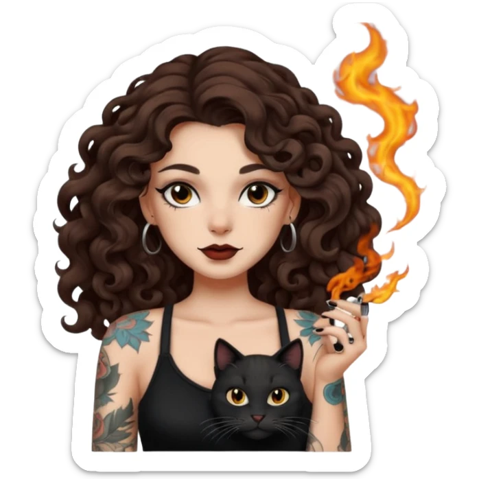 woman with long curly brown hair, brown eyes, white skin, tattoos, black cat turning into smoke and back sticker