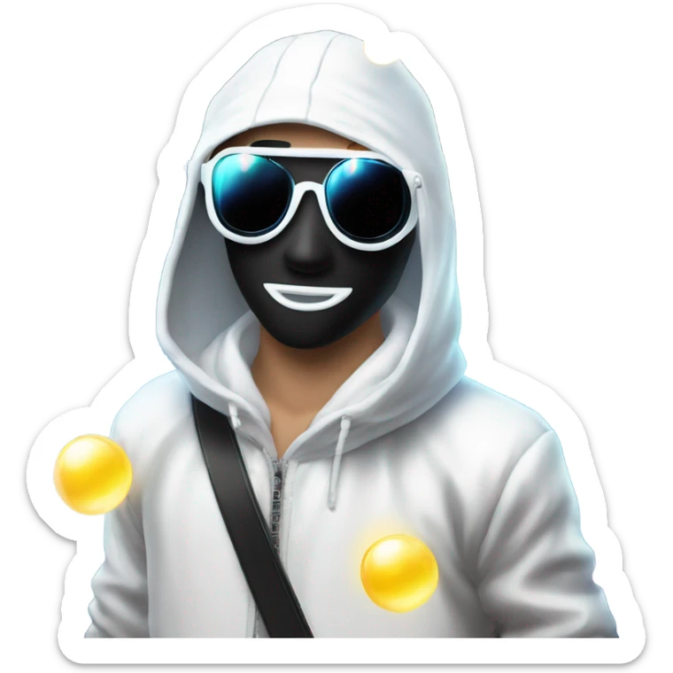 Caucasian boy at rave wearing a black mask and sunglasses and a white glowing outfit and glowing hat with bubble guns in each hand with bubbles all around sticker