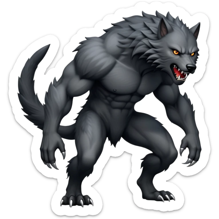 cinematic-noble-fierce-werewolf-full body on all fours-emoji, poised-and-imposing, with a tall, lean, and muscular wolfish frame inspired by the brutal, imposing shape of the beast from Berserk, fur rippling in shades of midnight black and silver, massive paws with razor-sharp claws, elongated limbs and fangs, eyes glowing with an intense, primal ferocity, reflecting the untamed power of the wild moonlit night; rendered with realism like a wolf sticker