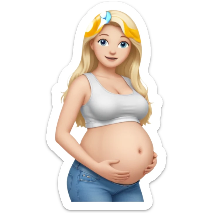 White girl, 18, long blonde hair, blue eyes, white crop top, jeans, huge pregnant belly, big boobs, side view, skinny, bare midriff, smiling sticker