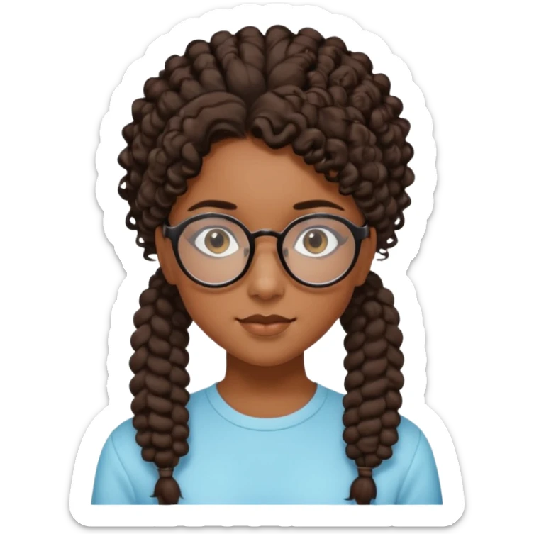 chica morena de ojos claros con gafas negras exagonales redondeadas. y pelo rizado castaño con todo el pelo recogido en una coleta .. Con todo el pelo recogido un clen look solamente una coleta tiene 16 años sticker