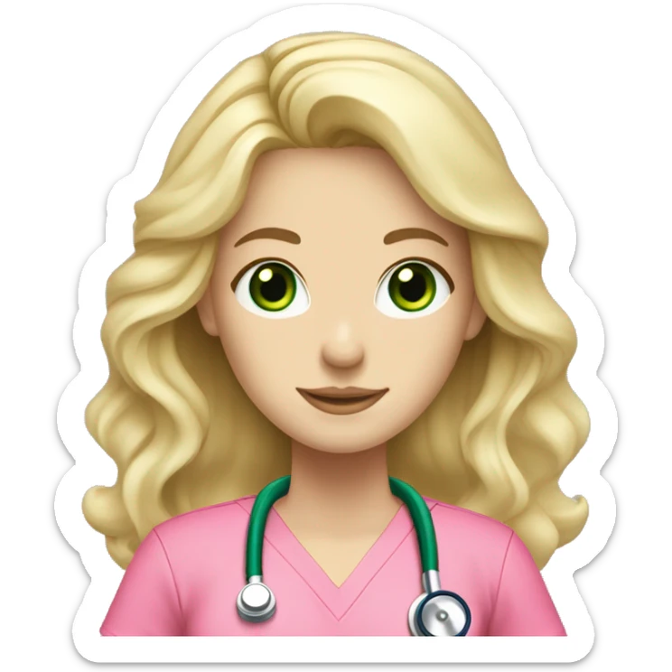pale blonde girl with long wavy hair and green eyes wearing pink scrubs and stethoscope  sticker