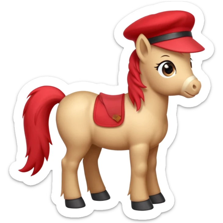 Adorable cartoon pony (small horse) emoji, full body, standing in profile view facing sideways. It has big, sparkling eyes and a friendly smile. It is wearing a cute red beret tilted to one side.  sticker