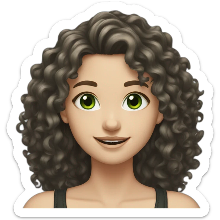 white girl with black long curly hair and green eyes smiling sticker