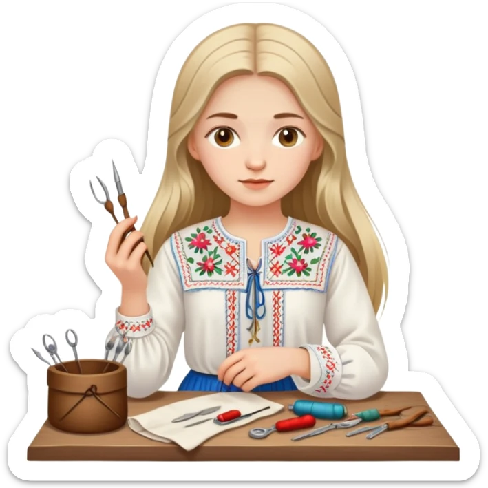 Ukrainian young girl with long hair wearing a white embroidered traditional shirt (vyshyvanka) holding sewing tools like a needle and thread sticker