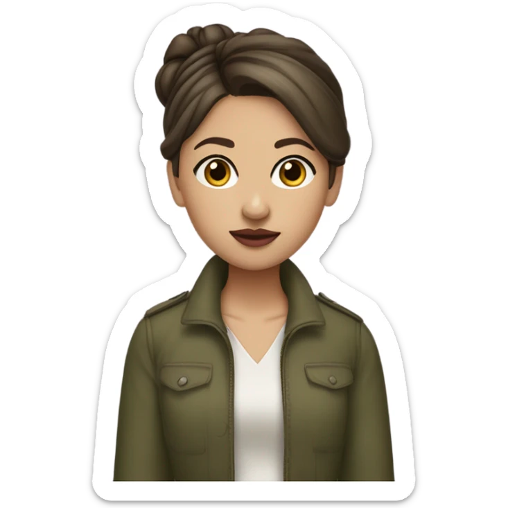 Girl with a brown hair and brown eyes. Her hair is in a bun at the back of her head. She has curtain bangs, but they’re not cover her forehead. Her lips a quite plum. Eyes are considered “tired eyes look”. She’s wearing an olive green jacket. sticker