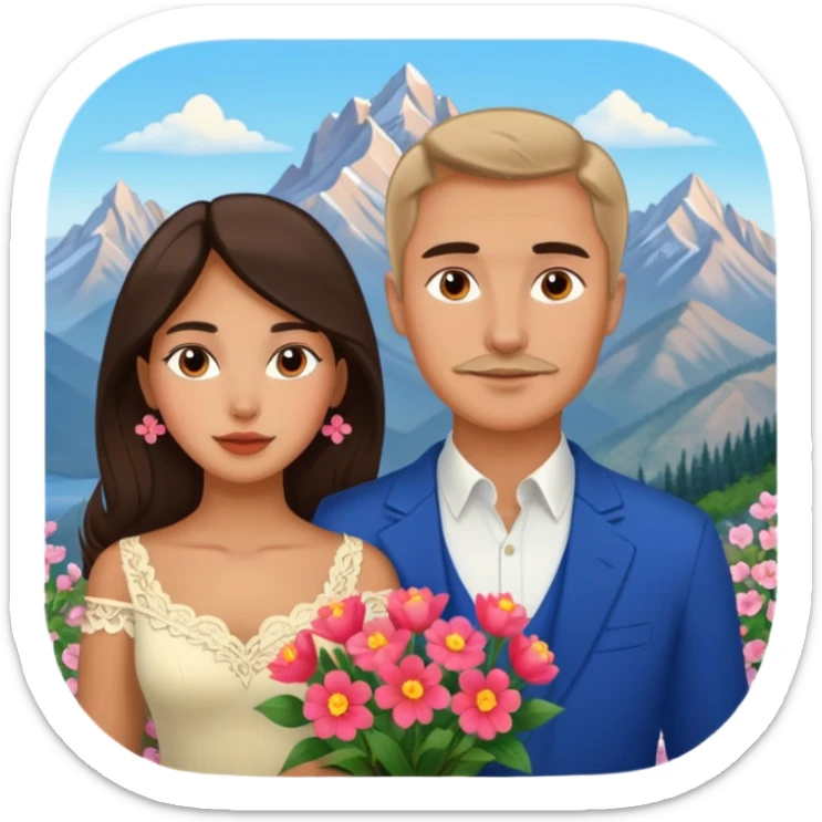 Couple traveling in Montenegro russian man and elegant  Latina girl delicate flowers and mountains in the background  sticker