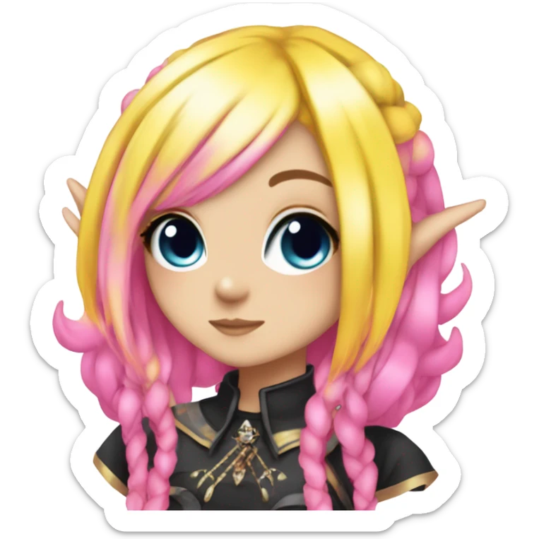 Blue eyed long eye lashes pout blonde and pink hair pale hime gyaru girl, hot pink and yellow split-dyed hair, nose ring, elf ears, dark makeup, punk clothes sticker