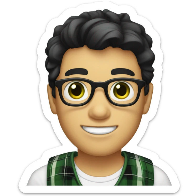Draw a boy wearing glasses, a white T-shirt with a black plaid shirt over it, smiling, white skin, green eyes, and a nice hairstyle called “curtains” (dark black hair). hair.) sticker