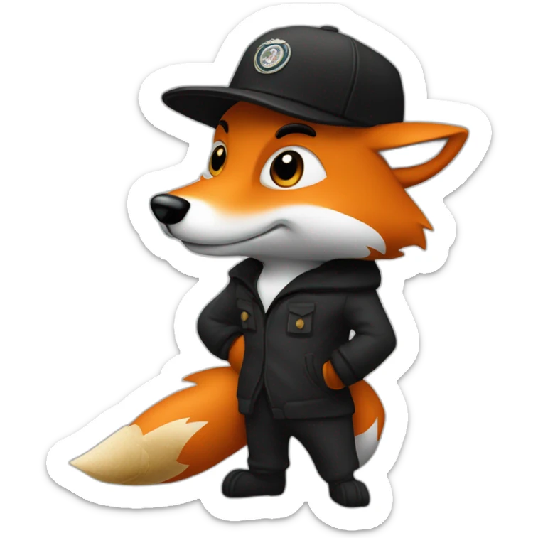 Un renard en costume noir avec une casquette plate avec un un cigare cigare qui dit salut sticker