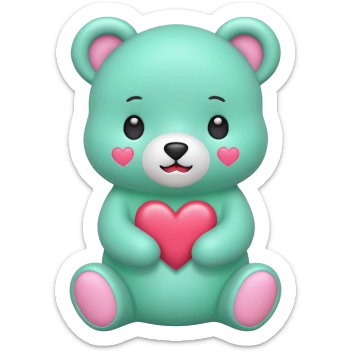 Oso gummy color verde agua  corazón rosa kawaii con cuerpo entero parado sticker